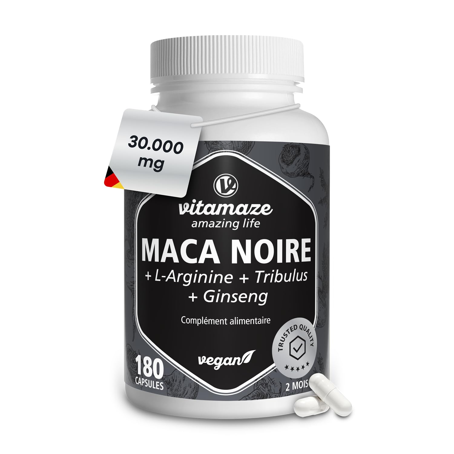 Maca noire 30 000 mg par dose journalière, hautement dosé, complexe d’extraits de maca + L-arginine + tribulus + ginseng + zinc + vitamines B, performance sportive, 180 gélules véganes, Vitamaze
