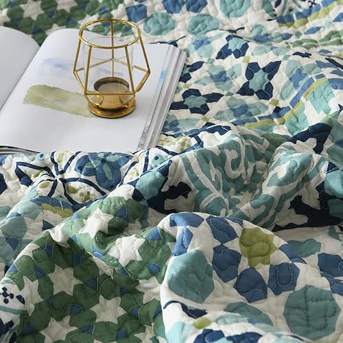 Miniatura 9 de VISIMISI Juego de colcha de algodón reversible colcha de retazos estilo vintage bohemio verde tamaño queen