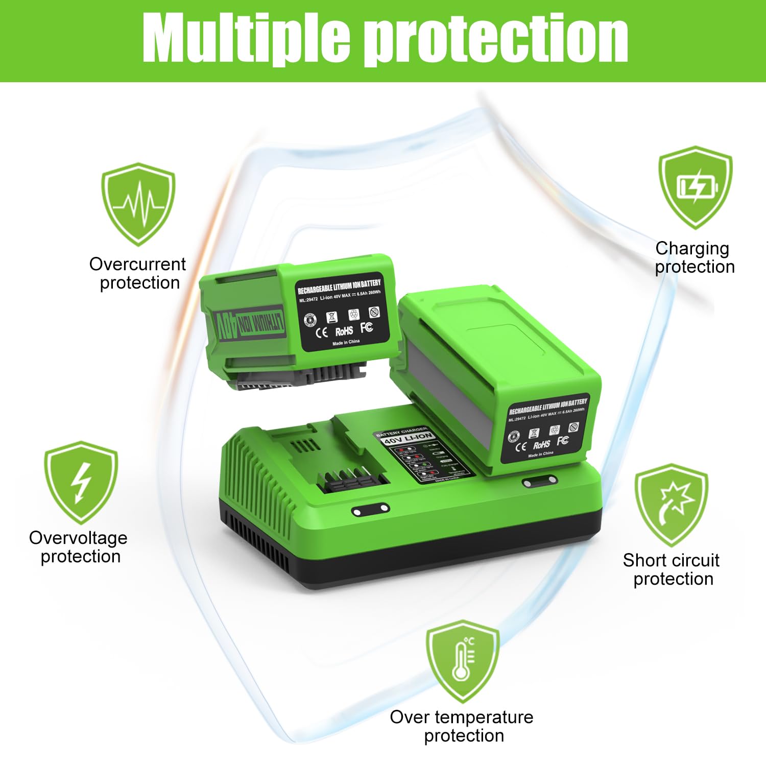 Double chargeur de rechange 40 V pour chargeur de batterie Greenworks 40 V, compatible avec Greenworks 29482 29252 20202 22262 29472 29462 2901319 2938302 BAF702 BAF704 BAF705, pour 40 V G-MAX Outils