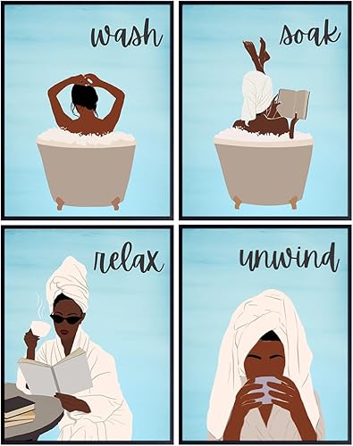 Relax Soak Unwind Wall Art - Light Blue Bathroom Decorations Set - Afro Black Art - African American Women - Abstract Minimalist Mid Century Modern