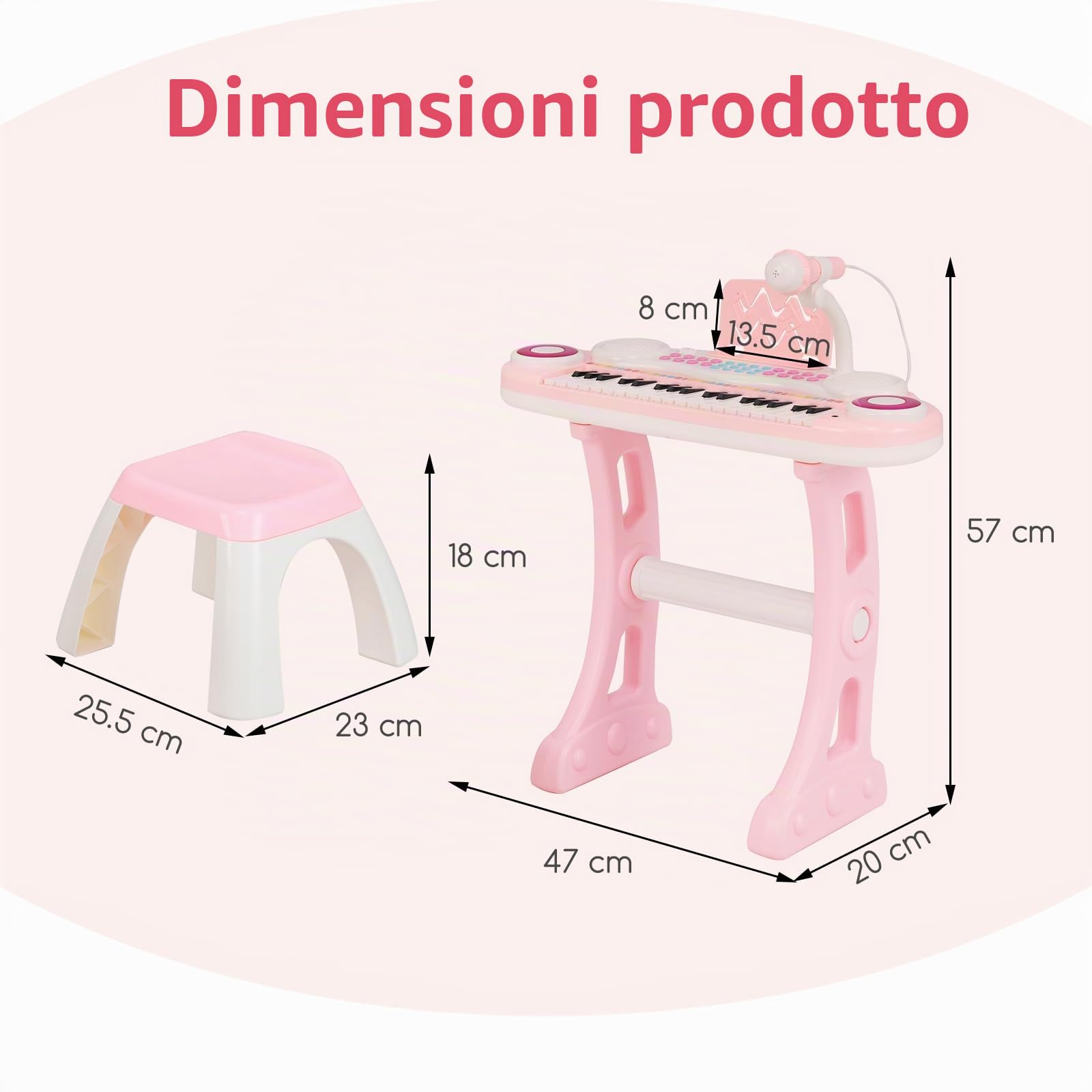 KOMFOTTEU Pianoforte per Bambini con 37 Tasti, Pianola per Bambina con Effetti Luminosi e Microfono Regolabile, Tastiera Musicale Bambini con Sgabello, 8 Ritmi/Suoni per Bambini 3+ Anni (Rosa)