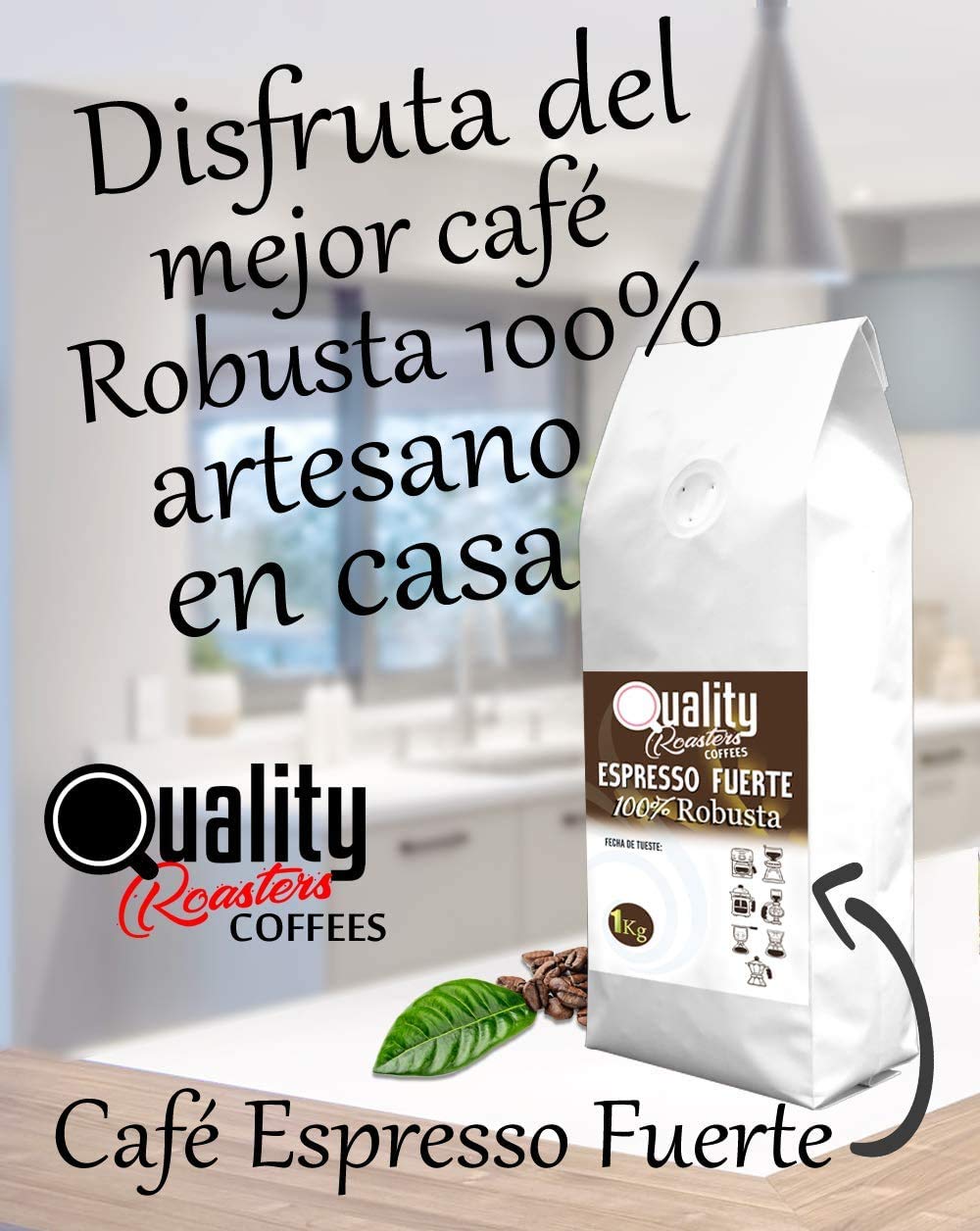 Café en grano natural "Espresso Fuerte". 100% Robusta. Tostado artesanal. Tueste Medio. (4 Kg)