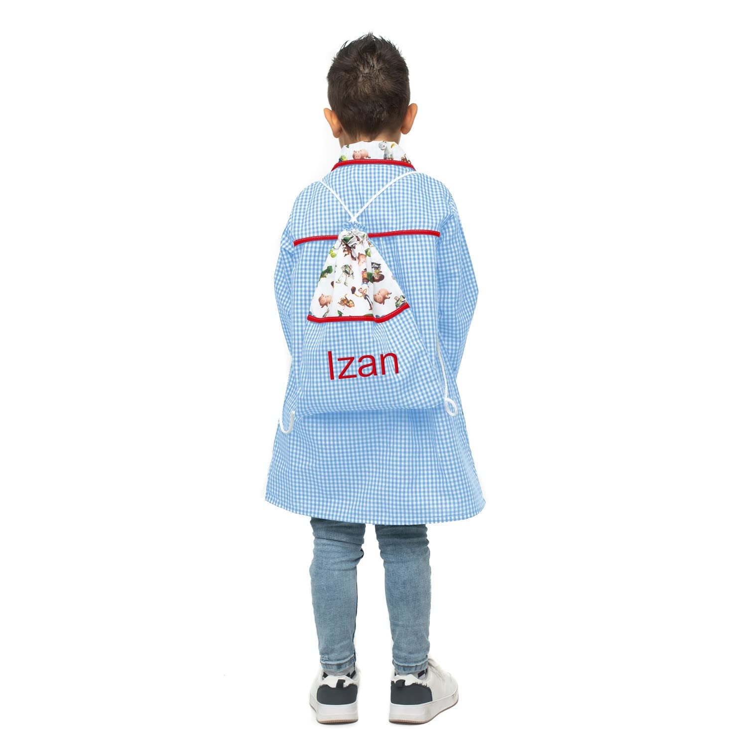 Nenel Conjunto Escolar para Colegio o guardería: Mandilón, babi o Bata Escolar + Bolsa merienda Bordado con el Nombre. Modelo Toy Story