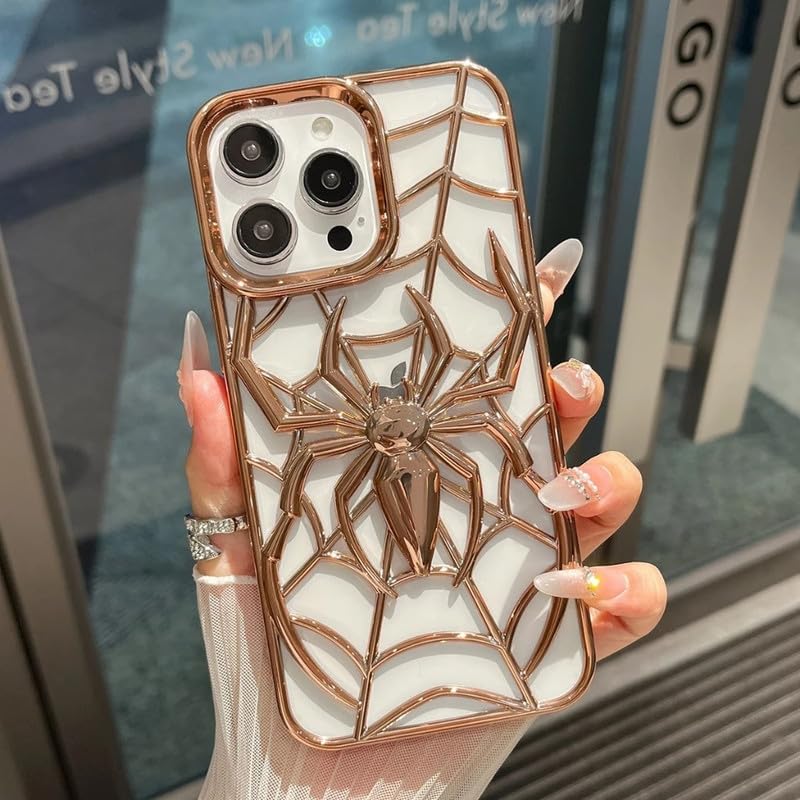 Image of COVERLY for iPhone 15 Pro Max Spidey Web Silicone 3D Cartoon Clear Phone case, Full Protection Minimal Hollow Out Electroplated Heat Dissipation Mobile Back Cover for Apple iPhone 15 Pro Max -Gold