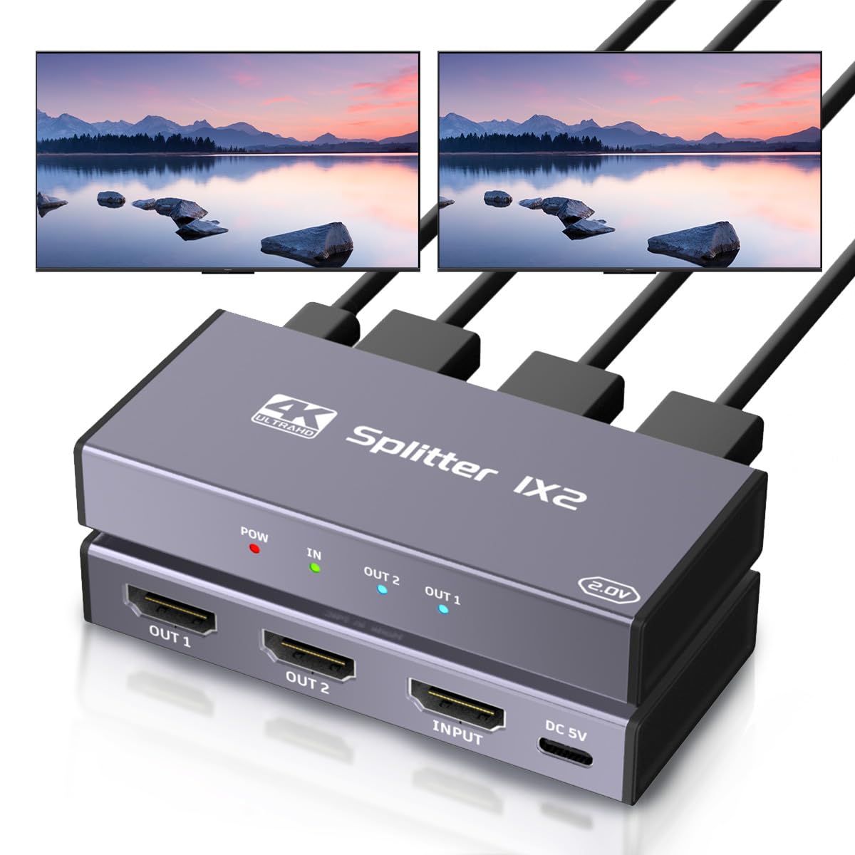 Divisor HDMI 1 en 2 salidas, divisor HDMI 4K UHD para monitores duales, con modo espejo, sincronización de audio, carcasa de metal, compatible con TV, PS5, Xbox, STB, PC, portátil