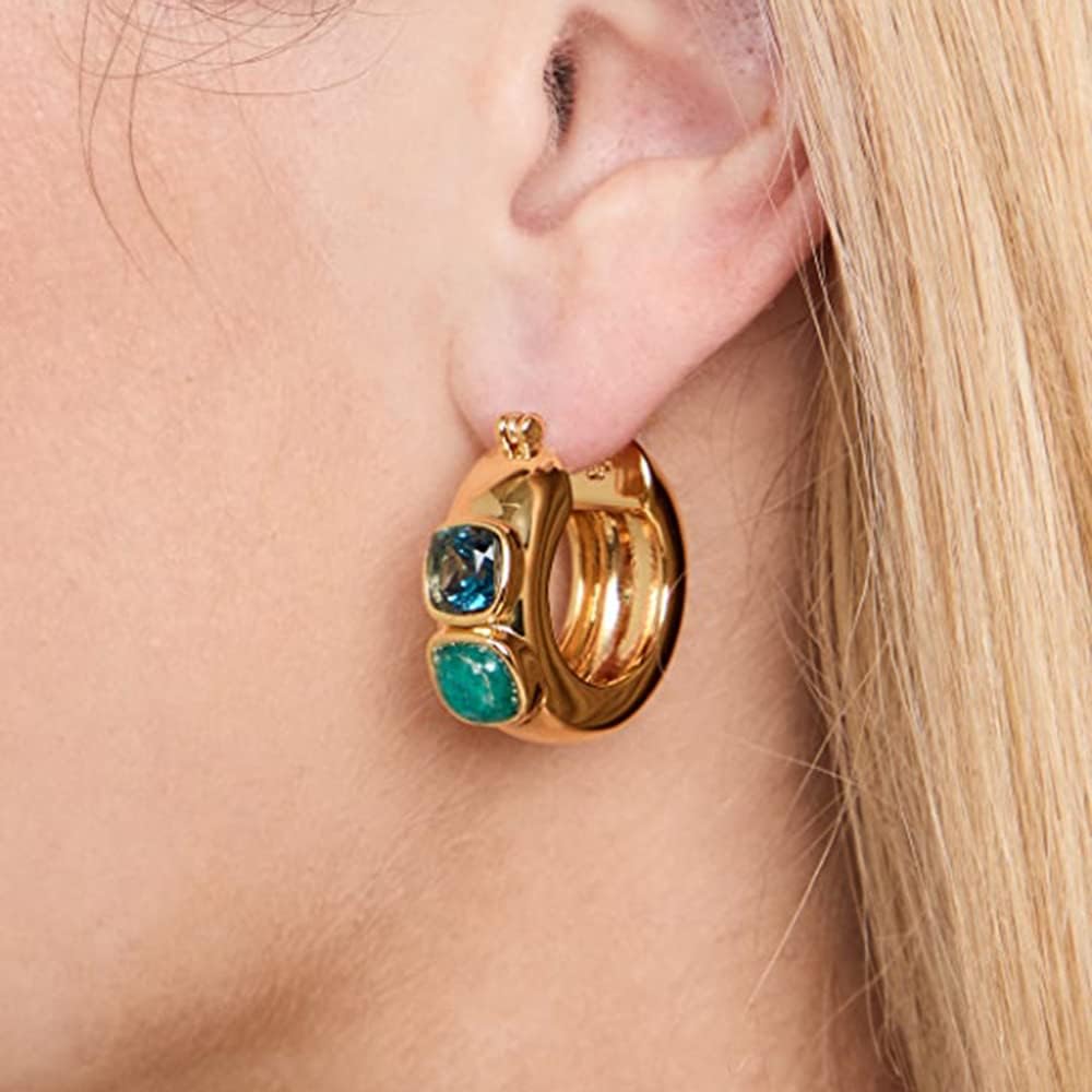 14K Gold Embellished Gemstone C-Shape Earrings - Sparkling Gold Hoop Earrings with Colored Stones, Ideal for Bridal, Women, and Mother's Day Gift