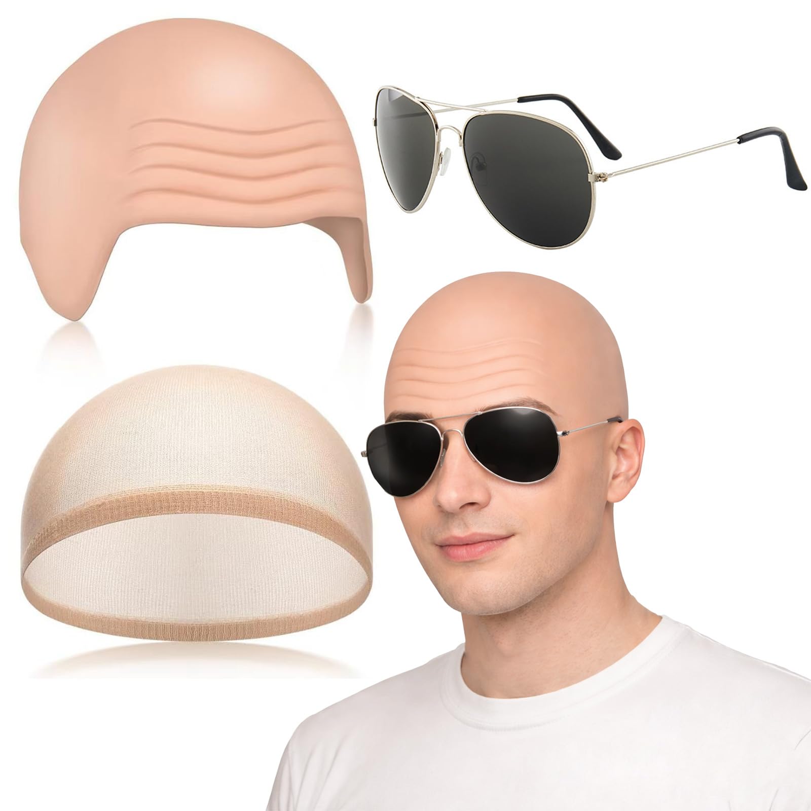 YUNLIJIA 3PCS Bald Cap Adult Pitbull Costume, Adults Mr Accessory Set, Nude Latex Bald Cap, Black Sunglasses,Suitable For Men, Women, Adults, Role-Play, Parties And Costume Accessories