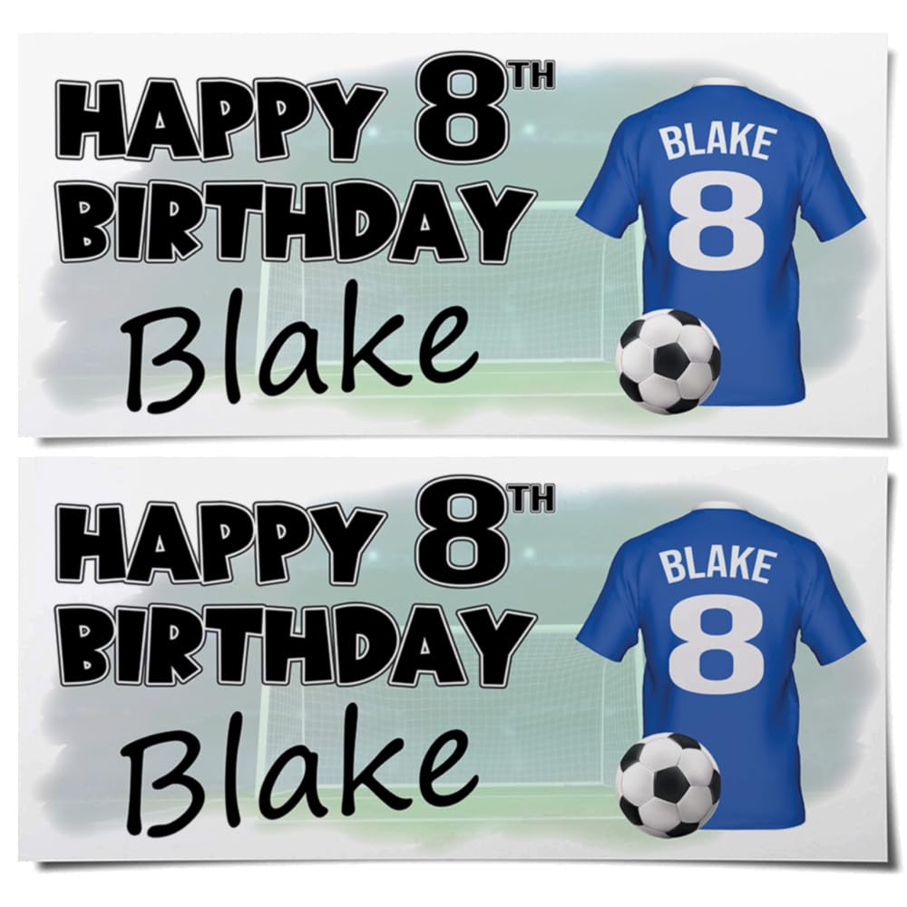Personalised Football Birthday Banners – Blue Shirt Colour with Any Name & Age/Number – Boys & Girls Party Decoration – Custom Birthday Supplies (Pack of 4)