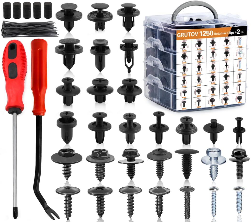 1252PCS Car Push Pins Automotive Clips Plastic Rivets Shield Retainer Clips Assortment Xmas Tree Fasteners Kit Most Common Sizes Auto Body Push Pin with Removers for Ford Honda Chrysler GM