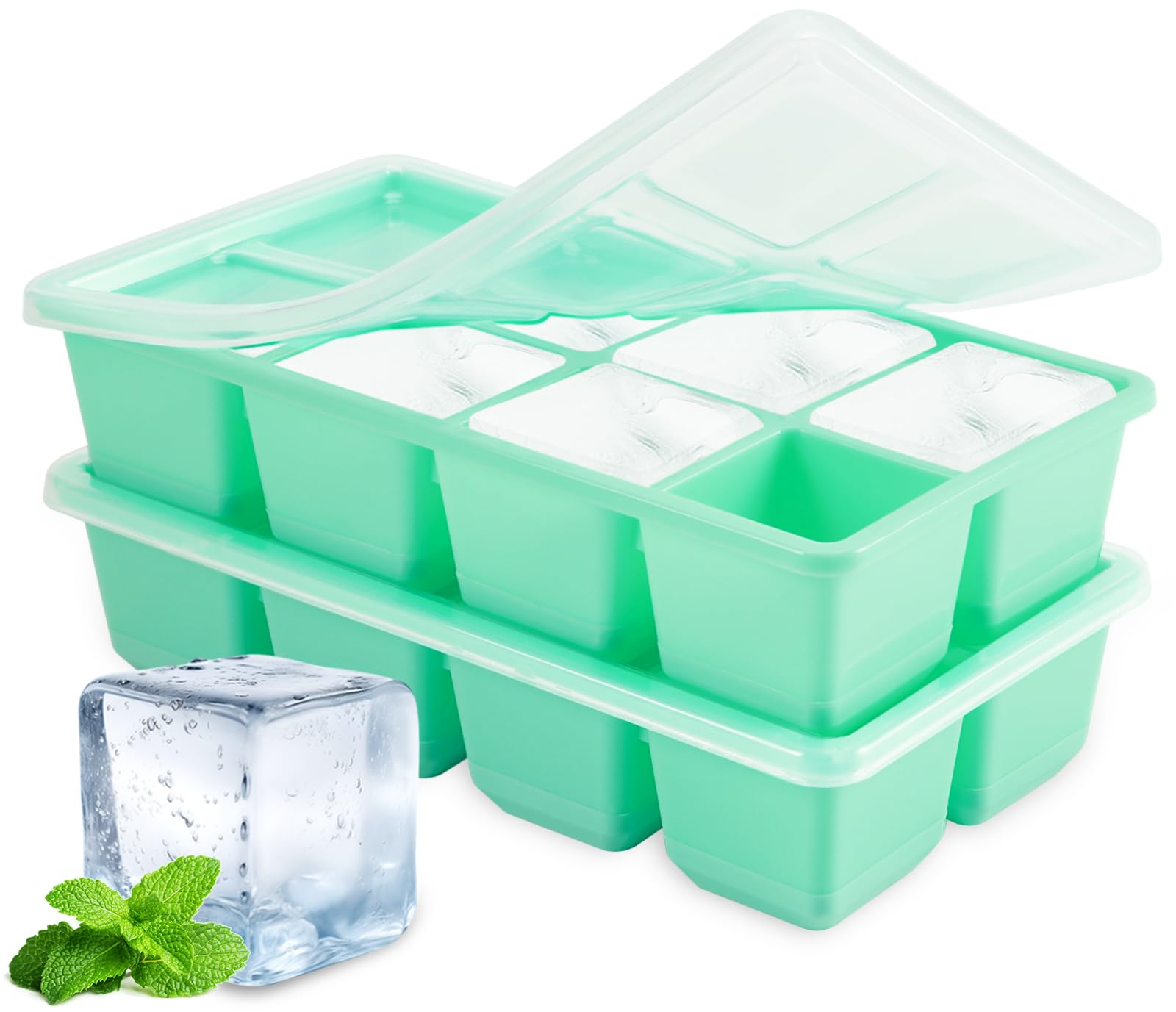Large Ice Cube Trays, JRISBO 2 Pack Reusable Silicone Ice Cube Molds with Lid for Freezer, Easy Release 16 Big Square Ice Trays for Whisky Cocktails