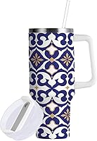 Vista 2 de Botella de agua grande de acero inoxidable de 40 onzas con tapa a prueba de fugas y pajilla, reutilizable, con tinta de salpicaduras y tinta