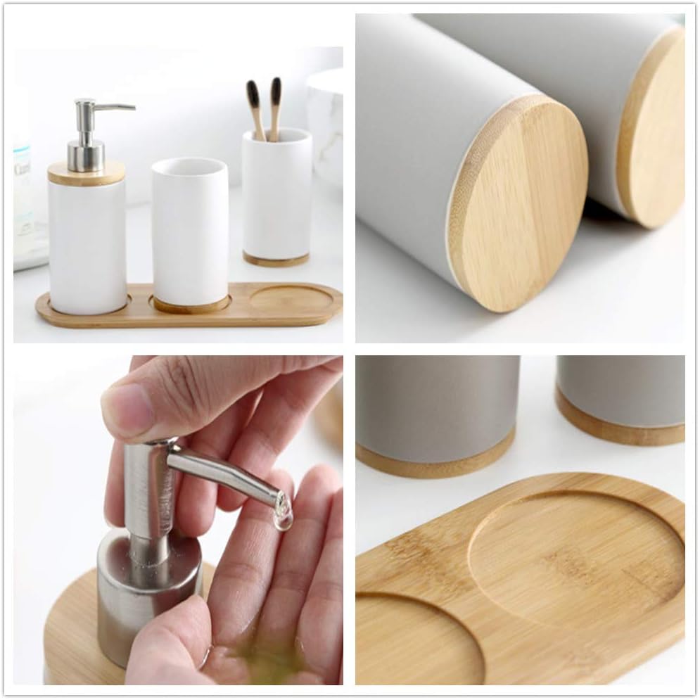 4-Piece Gray Ceramic Bathroom Accessories Set Includes Lotion Soap Dispenser Pump, Toothbrush Holder, Tumblers and Bamboo Tray, Modern Bathroom Accessories Set Complete