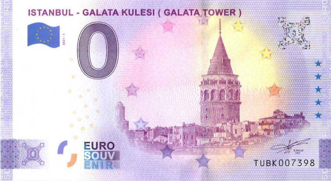 0 euros billete Turquía · Estambul - Galata Kulesi · Torre de Gálata · Recuerdo o Cero € Certificado de recuerdo