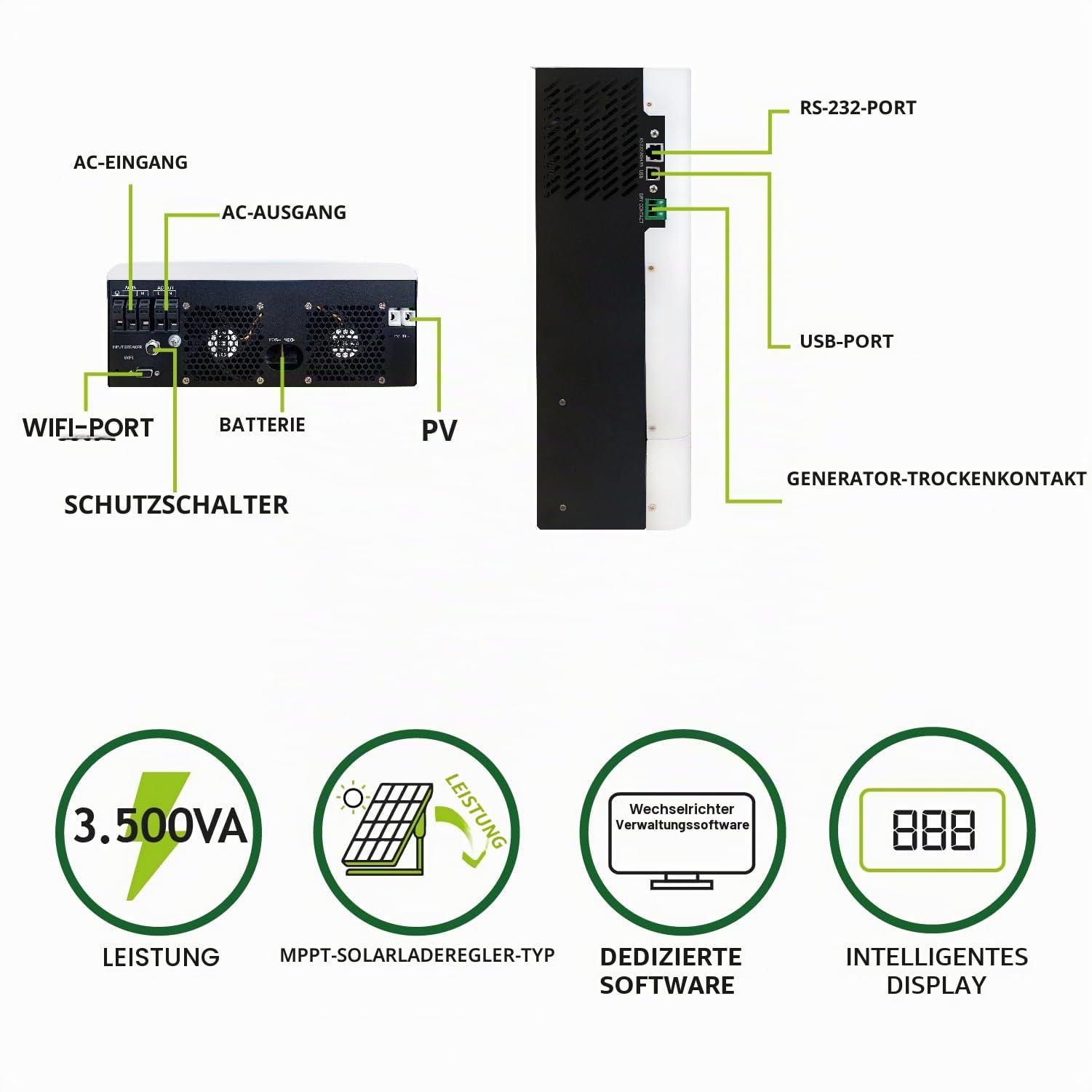 Tecnoware Power Systems - Hybrid Solar-Wechselrichter 3500VA, Reine Sinuswelle, MPPT 120V-450V, Integriertes Batterieladegerät, Kontinuierliche Stromversorgung, USB/RS232 Schnittstelle, Weiß, 3500VA