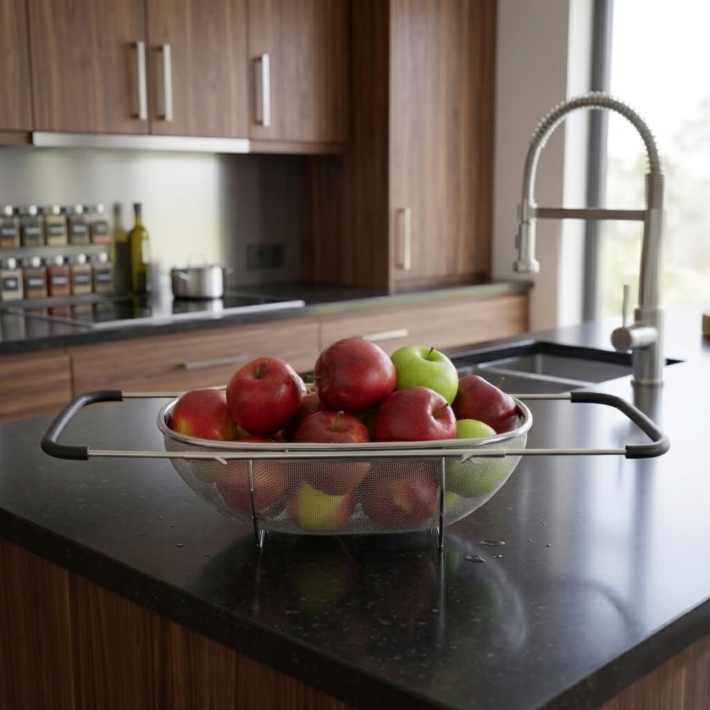 MGE - Scolapasta Acciaio Inox Maglia Fine - Colino Acciaio Inox Maglia Fine - Colino Cucina - Scolapasta con Manico, Filtro per Pasta, Riso, Verdura - Scola Pasta da Cucina Acciaio Inox - 34 x 24 cm