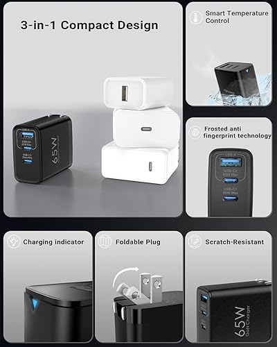 Miniatura 13 de Bloque de cargador USB C de 65 W, cargador de pared GaN de 3 puertos, plegable, compacto, tipo C, carga rápida para MacBook Pro/Air, para iPhone