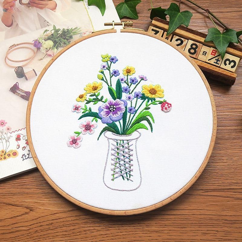 Kits de iniciación de bordado con estampado de flores de pensamiento en vidrio para principiantes con aros de tela, hilos de color, kits de punto de