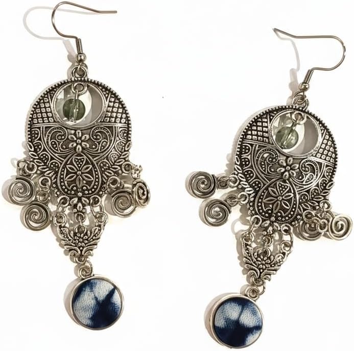 Vintage Bohemian Chandelier Earrings, Antique Silver Filigree with Blue Indigo Tie-Dye Fabric Accent, Handmade Ethnic Drop Dangle Style