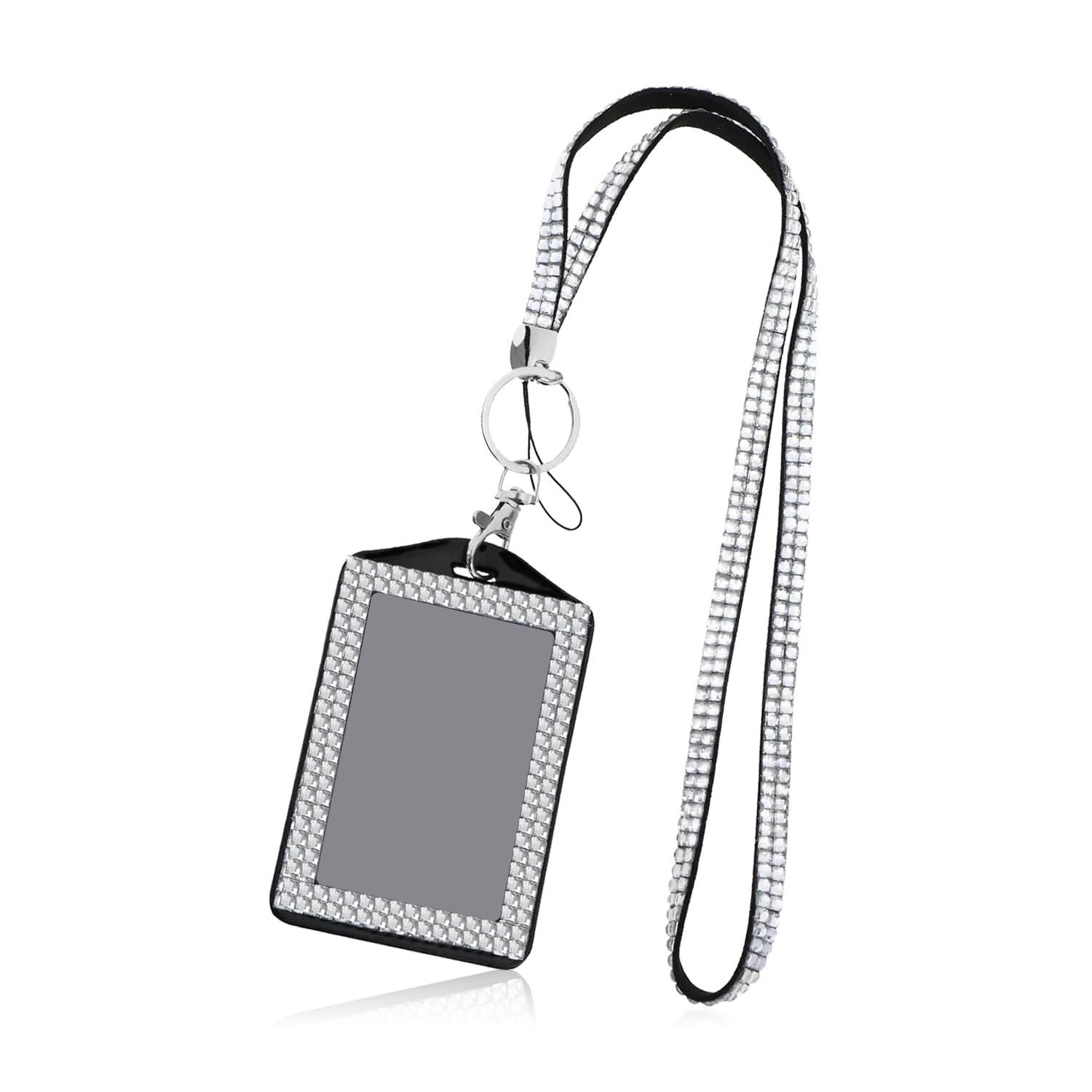 Rumyve Rhinestone Crystal Glitter Lanyard With ID Card Sleeve, Metal Buckle Keyring, and Bling Necklace, clear
