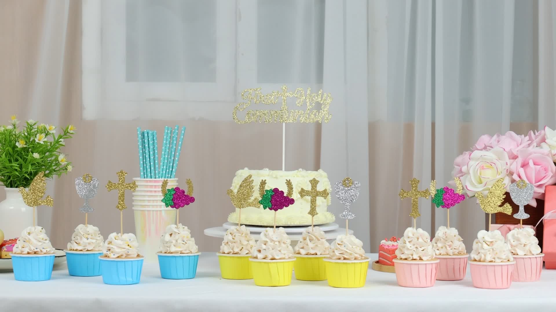 Piques à Gâteau Colombe Blanche Dorée Photophore Décoratif De Table Pour Communion, Baptême, Confirmation Décoration Cupcake Communion Baptême