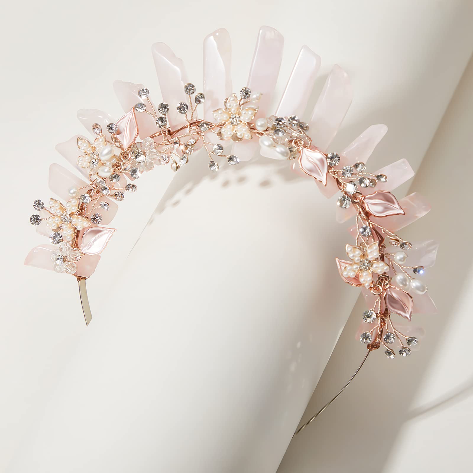 Elegant Pink Quartz Headband Crown Pink Pearl & Rose Quartz Princess Crystal Crown Headband  main image 4