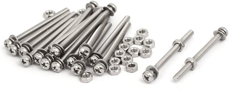Sourcingmap M3x40mm 304 Stainless Steel Phillips Pan Head Bolt Screw Nut w Washer 18 Sets, Silver