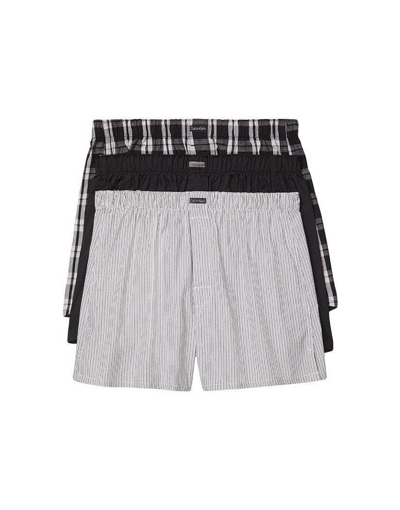Calvin Klein Men's Black/Morgan Plaid, Black/Montague Stripe, Black Cotton Classics 3-Pack Woven Boxer Nb4006 - Xl