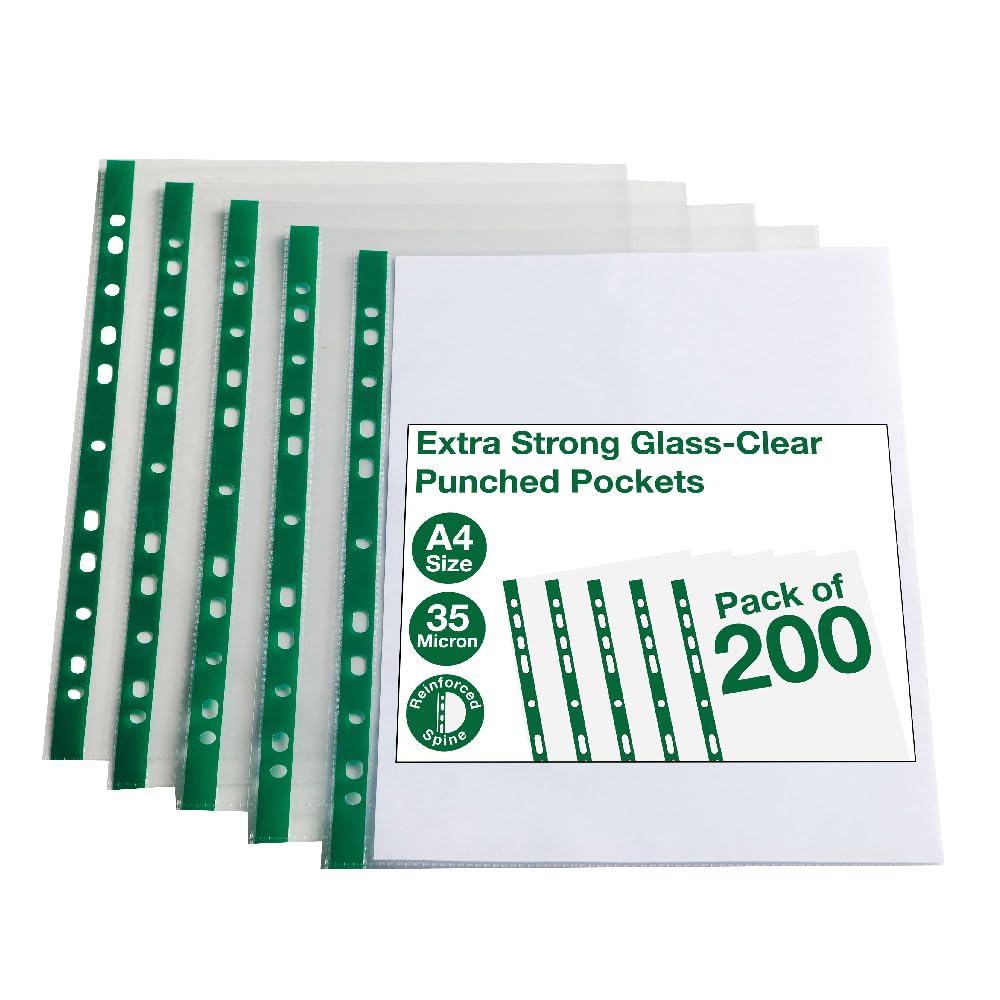 SUMMIT Punched Poly Pockets, A4 Glass Clear, 200 Durable Plastic Wallets