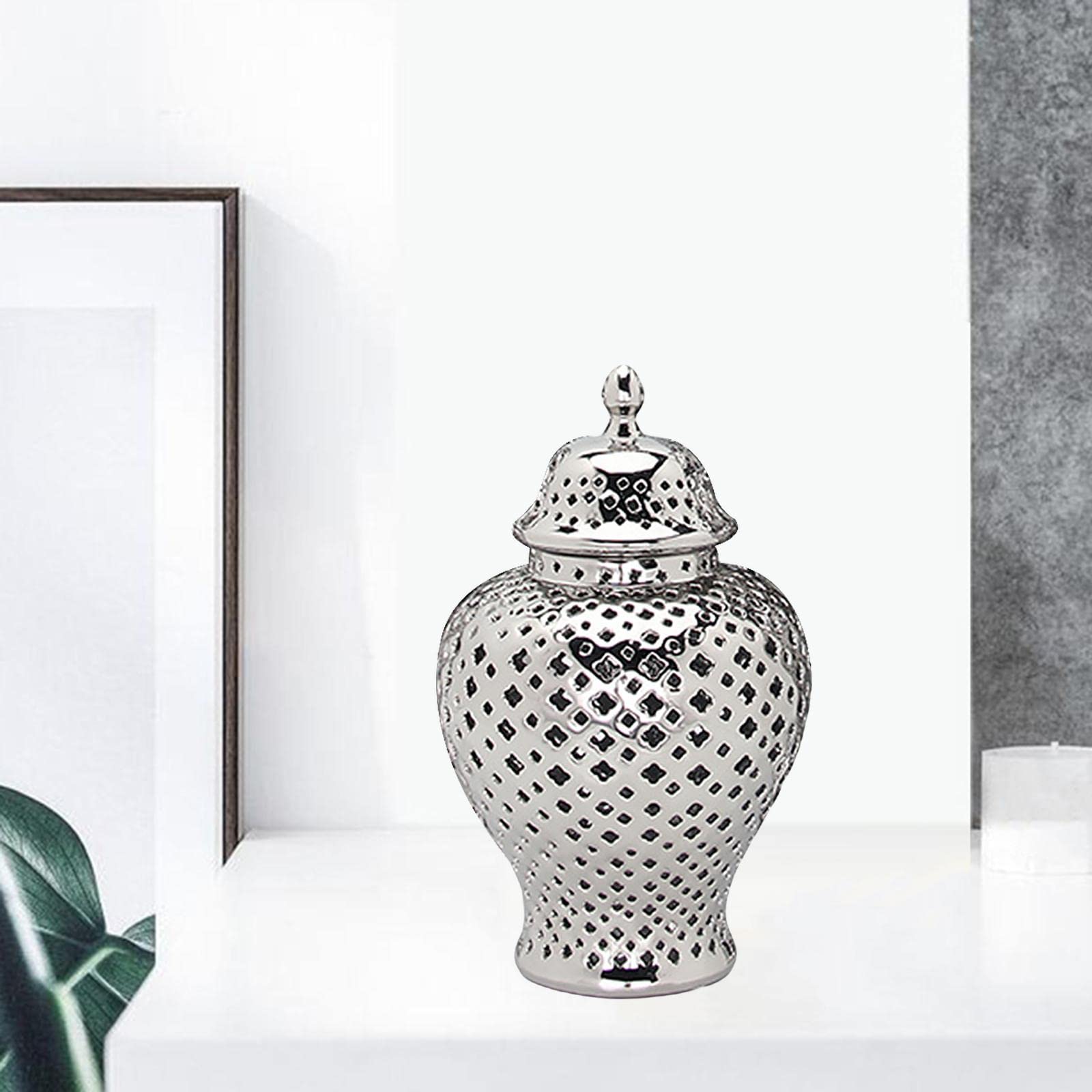 Ginger Jar Porzellan Behälter Vase Dekorativer Handgehobelt Stilvoll mit Deckel für Heimtextilien Sammlung Ausstellung, Silber