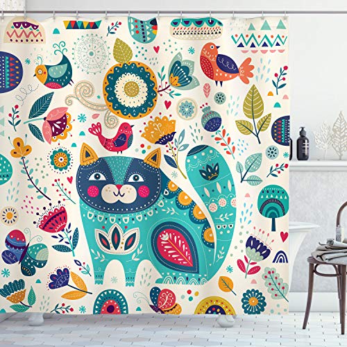 Ambesonne Cat Shower Curtain, Pet Birds Flower Leaf Trees Butterflies Spring Ornate Illustration, Cloth Fabric Bathroom Decor Set with Hooks, 69
