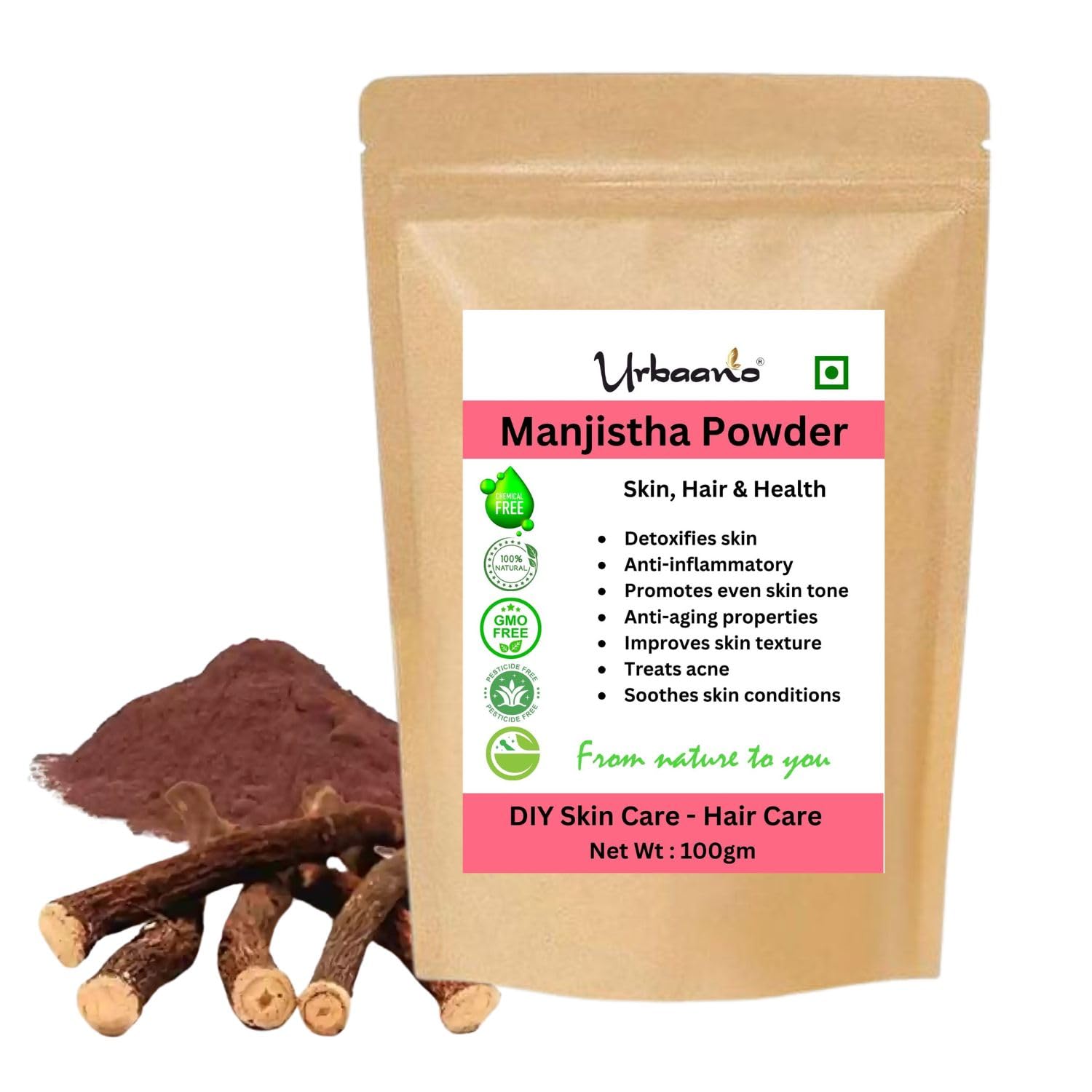 Organic Manjistha Powder, Majith Powder, Indian Madder (100 Grams) - for Skin Lightening, Face pack, Hair and skin - Rubia cordifolia, Manjishta, Manjista