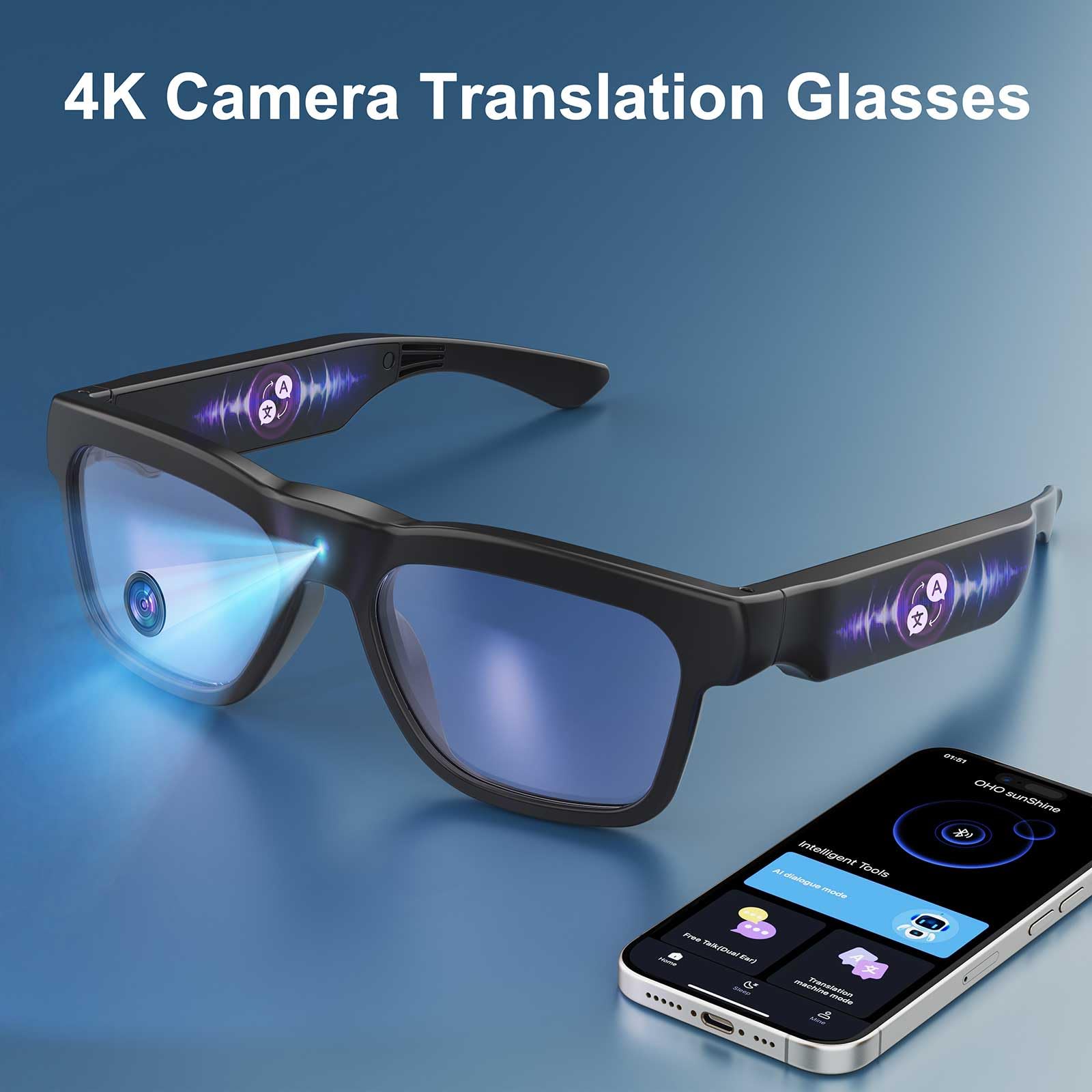 OHO 4K Ultra-Lightweight Smart Glasses, AI Chat & Real-Time Translation, OHO App Supported, Record-While-Charging, UV400 Lens