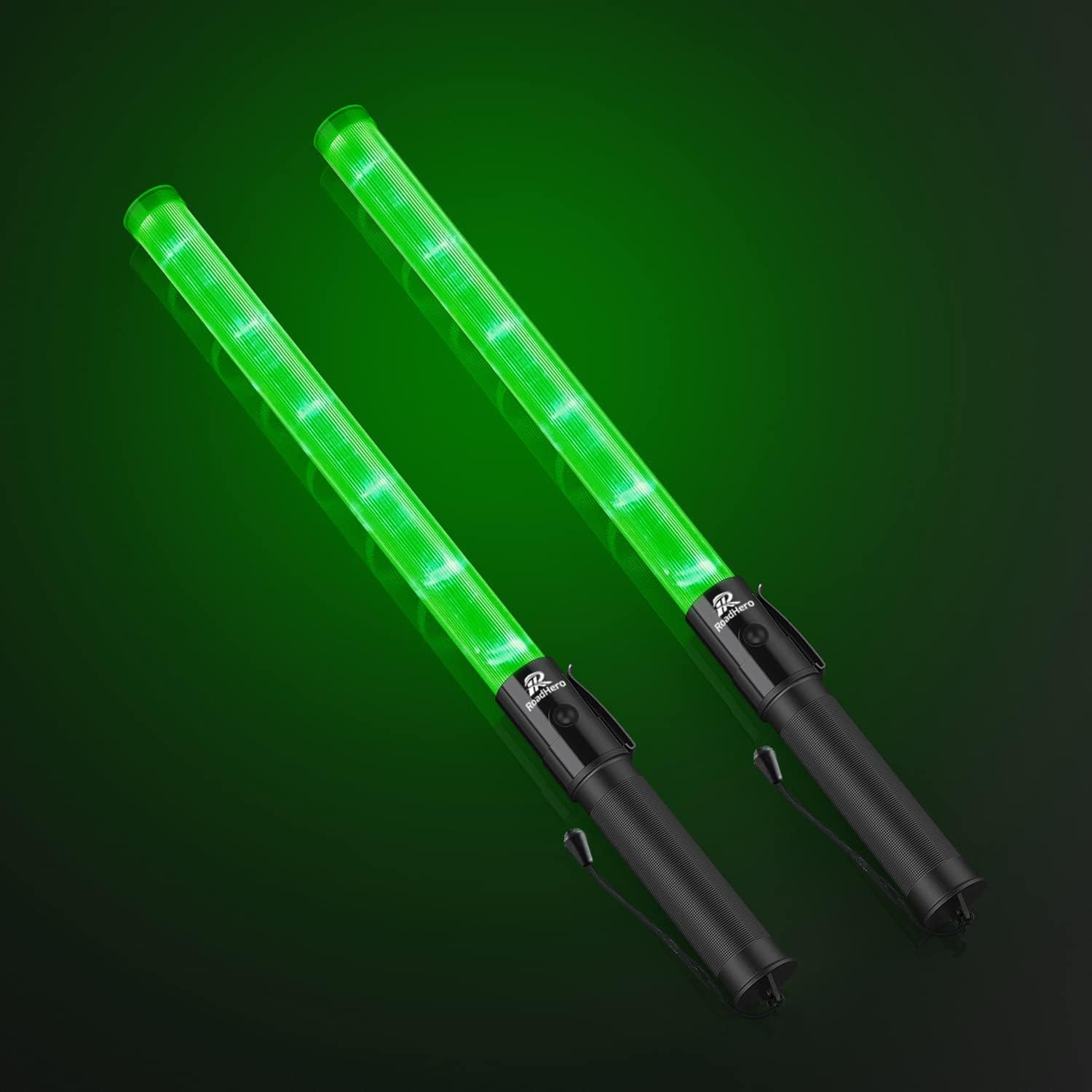 RoadHero 2 Pack 21 Inch Traffic Wands, Green Led Traffic Control Baton, Night Safety Light Wand with 2 Flashing Modes, Air Marshaling Signal Wand with Side Clip for Airport, Parking, Car Directing