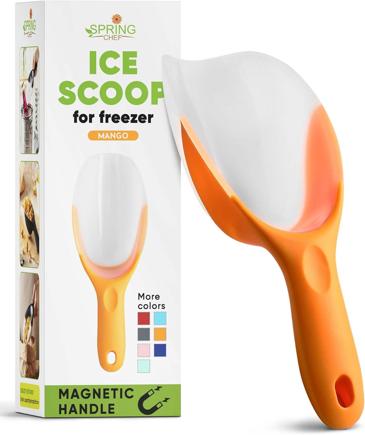 Spring Chef Magnetic Ice Scoop for Ice Machine - BPA-Free Flexi-Plastic Food Scooper with Soft Grip Handle - Kitchen Scoop for Popcorn, Pet Food, Flour, Grains - Dishwasher Safe Scooper - Mango