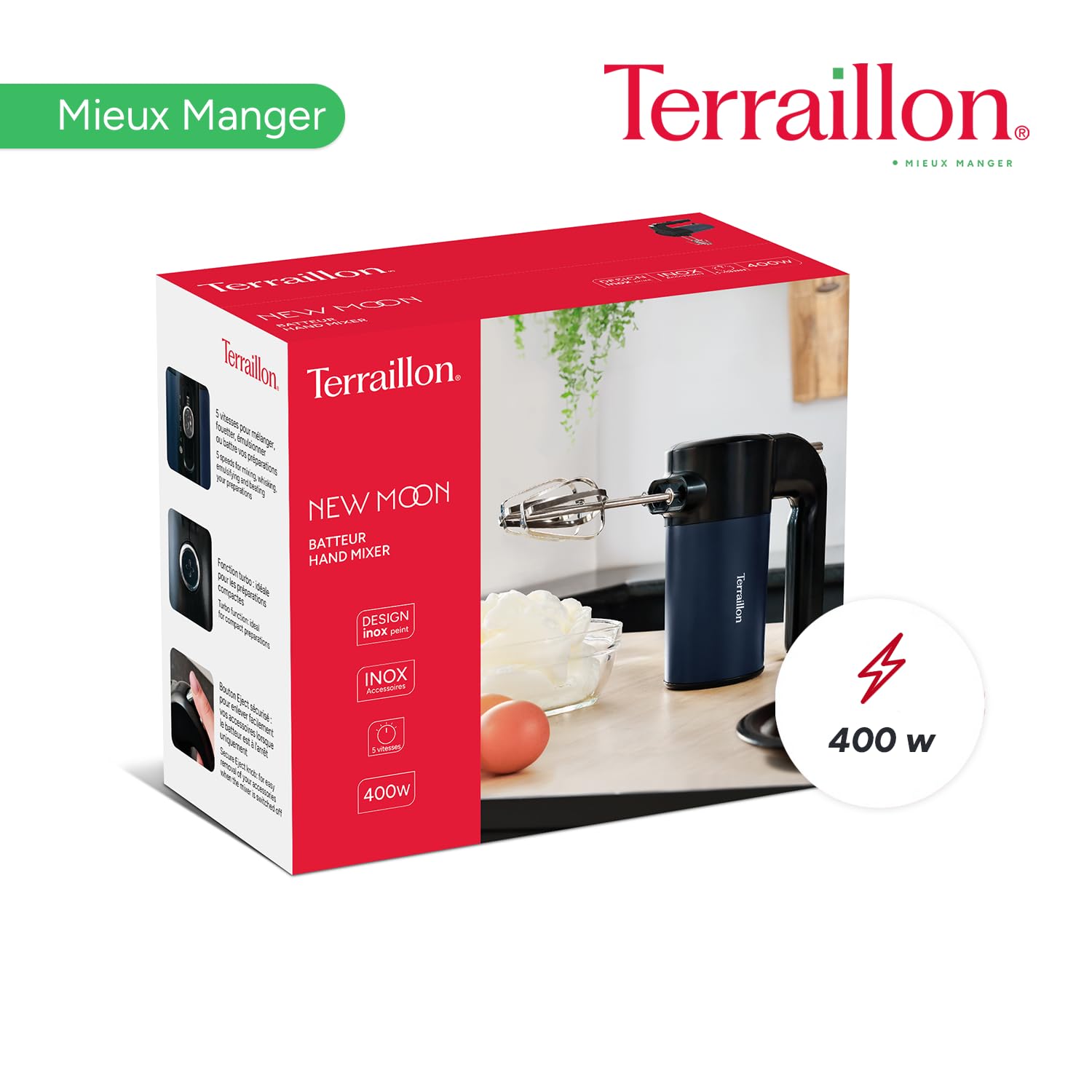 TERRAILLON - NEW MOON- Batteur Electrique, Fouet Inox, Fonction turbo, 5 vitesses, 400W, Bouton Eject, Corps en Inox peint, Bleu