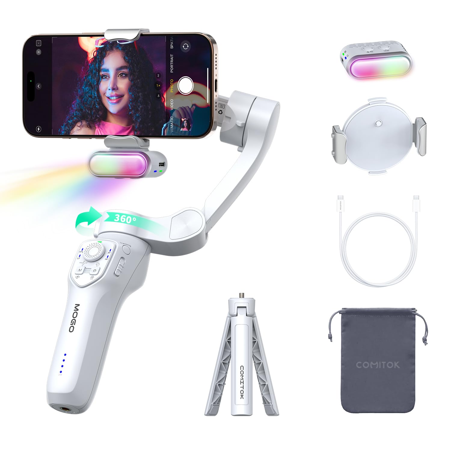 COMITOK Only for iPhone, MOGO [Apple MFi Certified] Gimbal Stabilizer for iPhone with Phone Clip & RGB Light, Support Selecting Tracking Target on