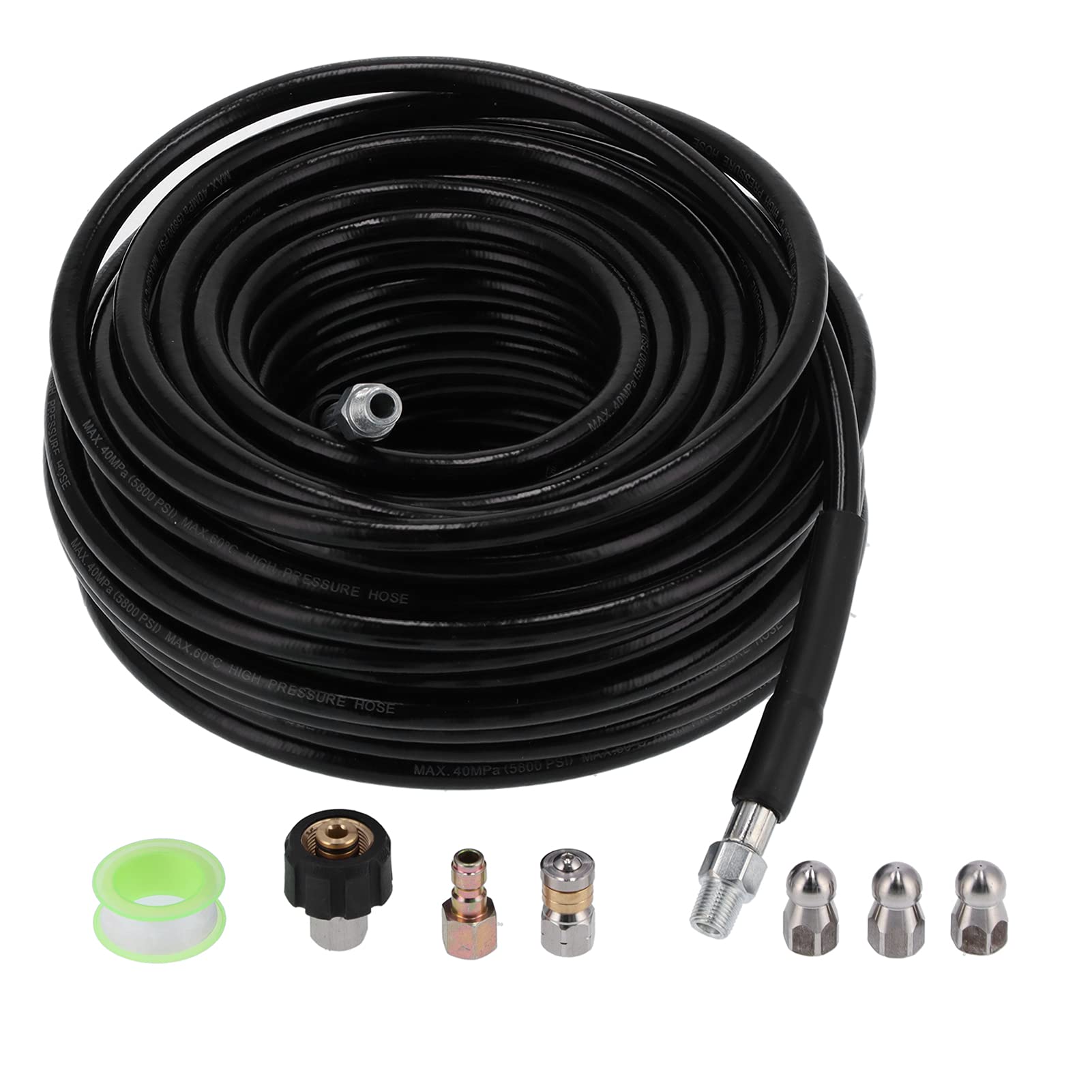 Manguera de limpieza de tuberías de 30 m, supresión de alta presión, alcantarillado de 30 metros, cargador de desagüe R con boquilla de 5800 psi, juego de 1 cepillo de 4 pulgadas para agua fría y