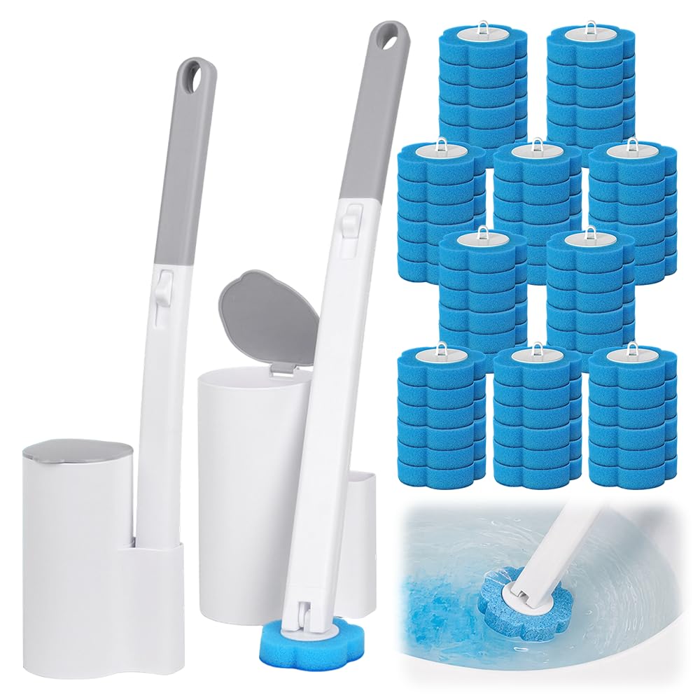 2 Pcs Disposable Toilet Brush, Toilet Wand Kit with 60 Cleaner Refills, Disposable Toilet Cleaning System, Toilet Brush and Holder Set for Cleaners, Bathroom Cleaning, Sink, Bathtub, Floor in Tiny Spa