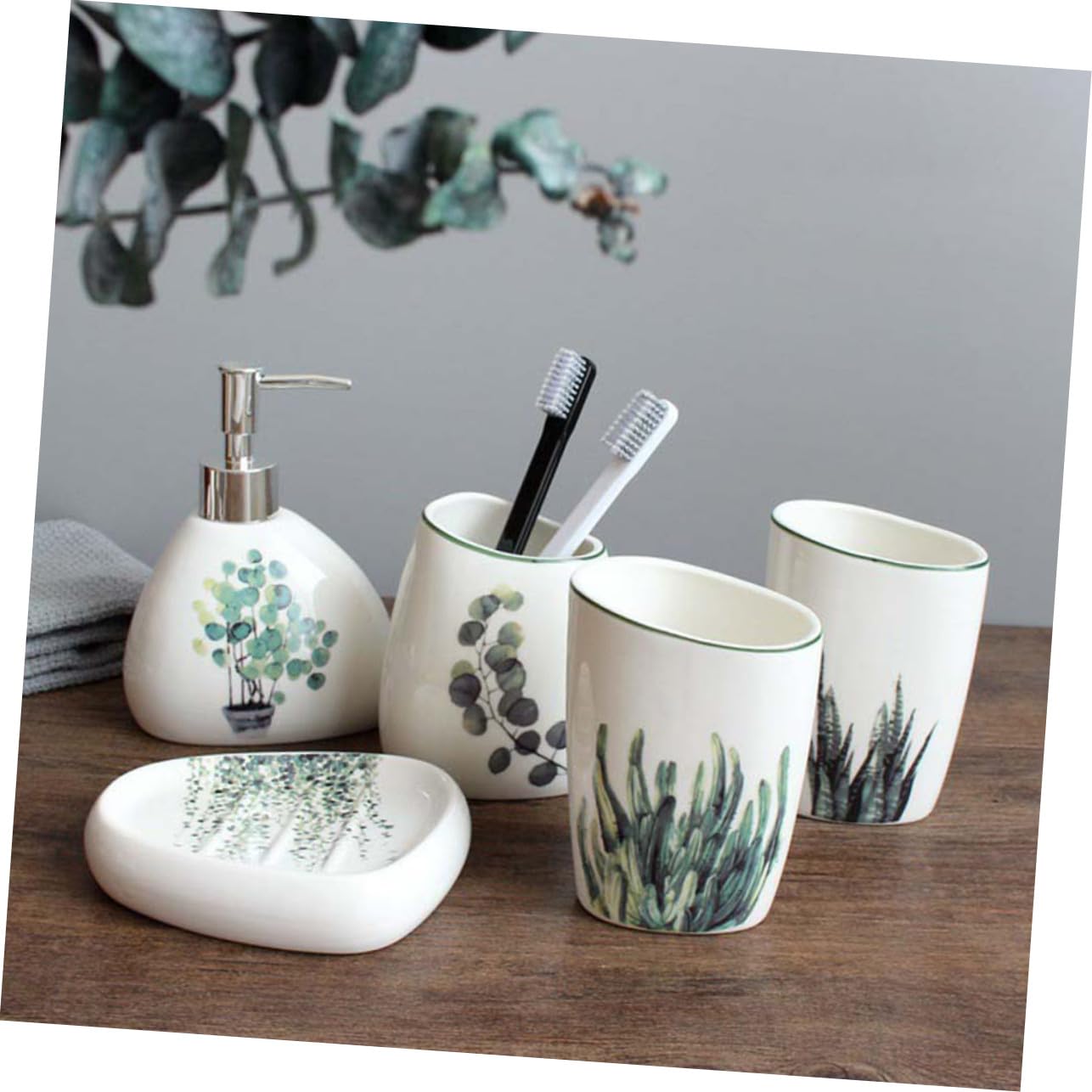 NUOBESTY Set Di 5 Accessori Bagno in Ceramica, Tazza Per Lavarsi i Denti e Portasapone, Contenitore Per Spazzolino Compatto, Superficie Liscia Facile Da Pulire, Per Organizzazione Bagno Quotidiana