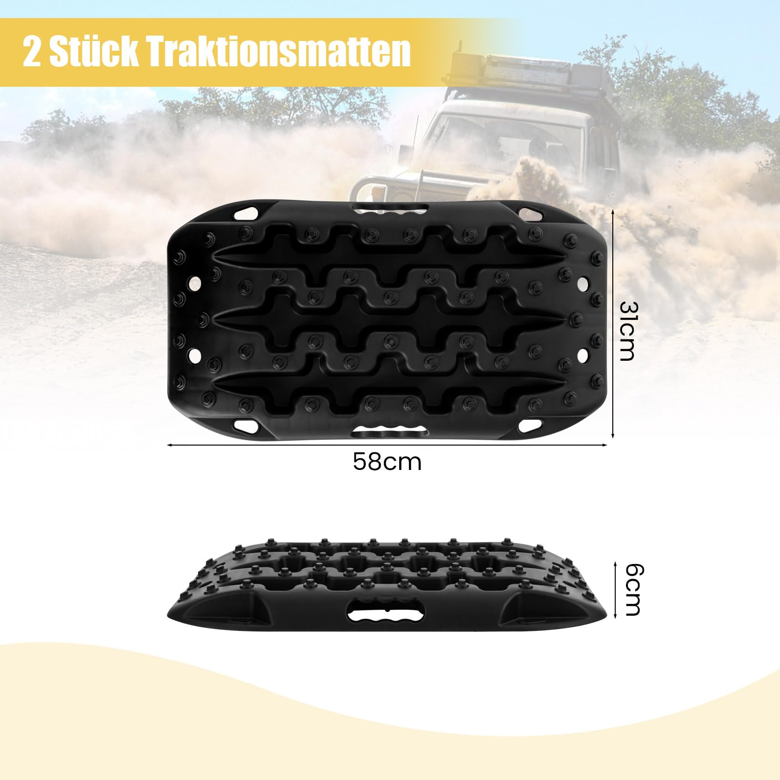 COSTWAY 2 Stücke Anfahrhilfe Sandbleche Offroad, Reifenleiter für Sand/Schlamm/Schnee, 10T, Recovery Board Tracks Mats, Traktionsmatte für Geländewagen Wohnmobil PKW LKW (Schwarz, 58 x 31 x 6 cm)