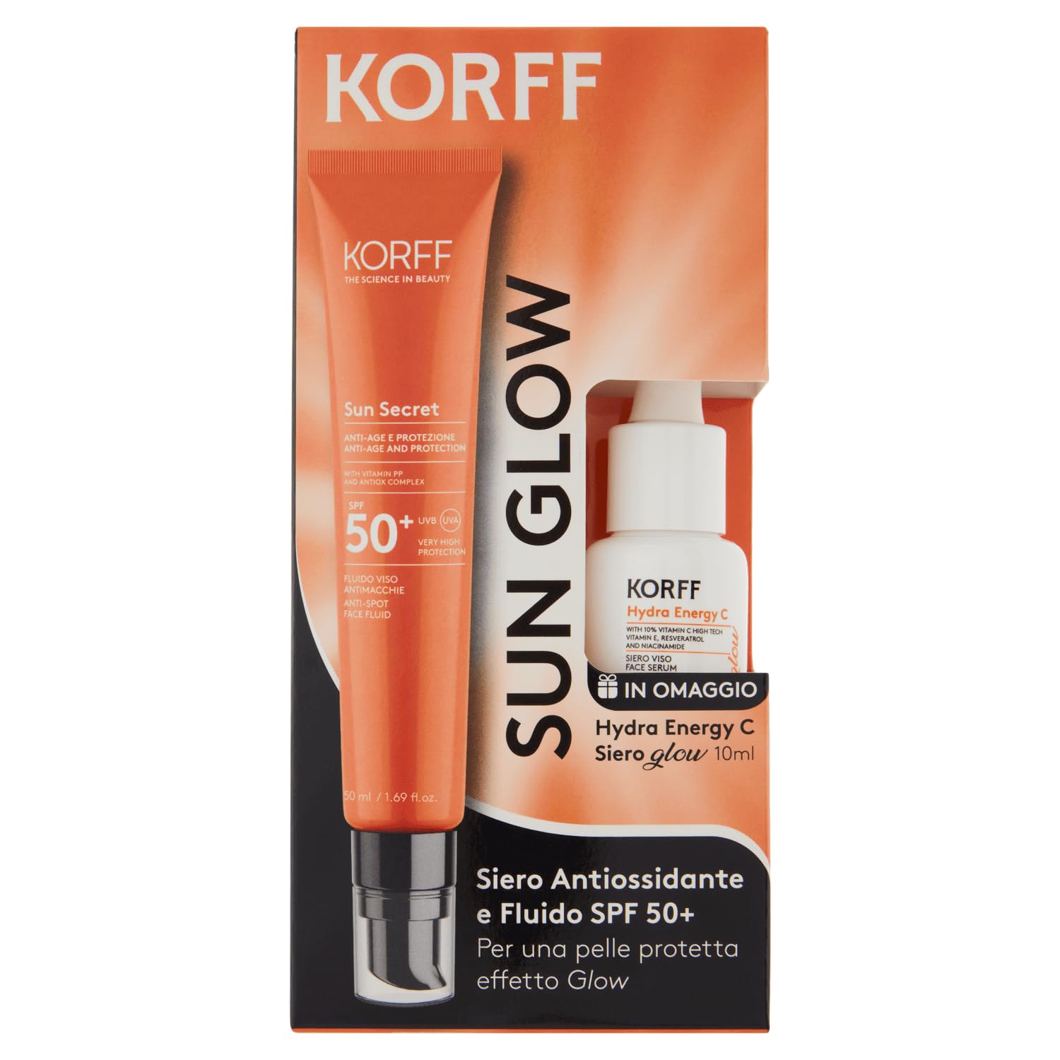 Korff Kit Sun Glow, Siero Viso Antiossidante con Vitamina C e Fluido Solare Viso Antimacchie SPF 50+, Effetto Illuminante, Routine Viso Protezione