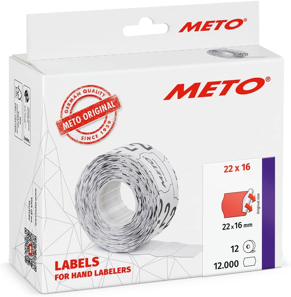 Meto Labels for Hand Labels, 22 x 16 mm, 2 Lines, Pack of 12,000, Fluorescent Red, Permanent Adhesive, for METO, Contact, Sato, Avery, Tovel, Samark etc