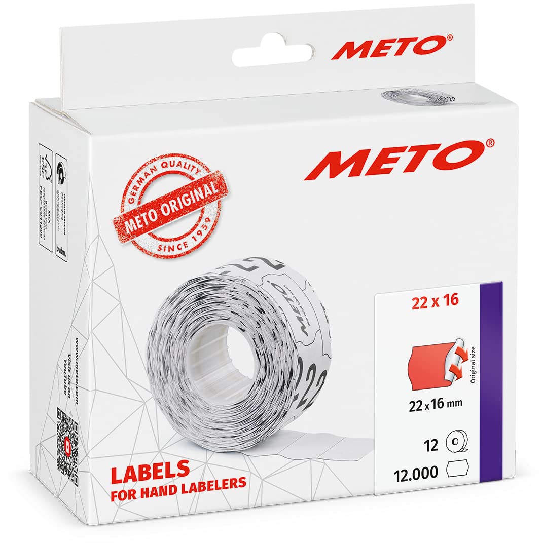 Meto Price Gun Labels (22×16 mm, Two-line, 12,000 Labels, Fluorescent red, Permanently Adhesive, for METO, Contact, Sato, Avery, Tovel, Samark etc.)