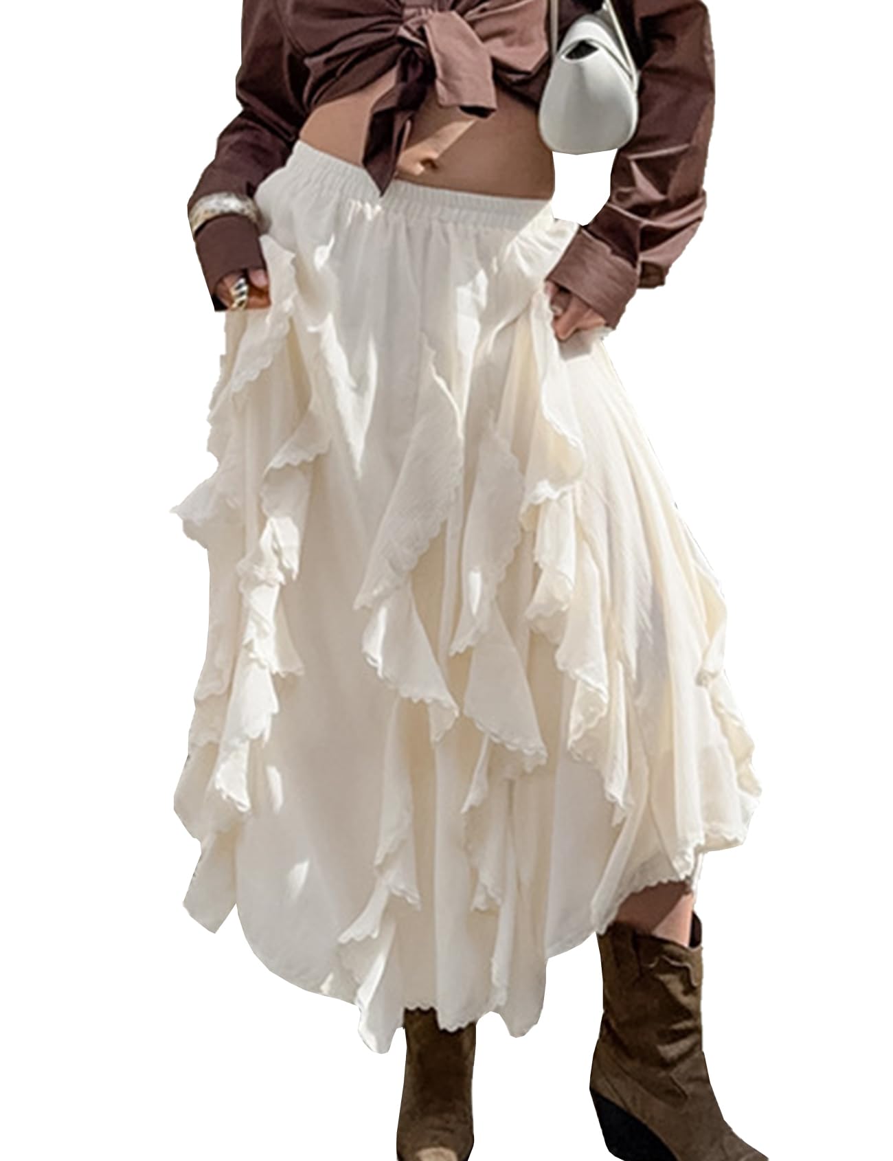 Womens Ruffle Lace Skirt High Waist Flowy Fairy Layered Skirts
