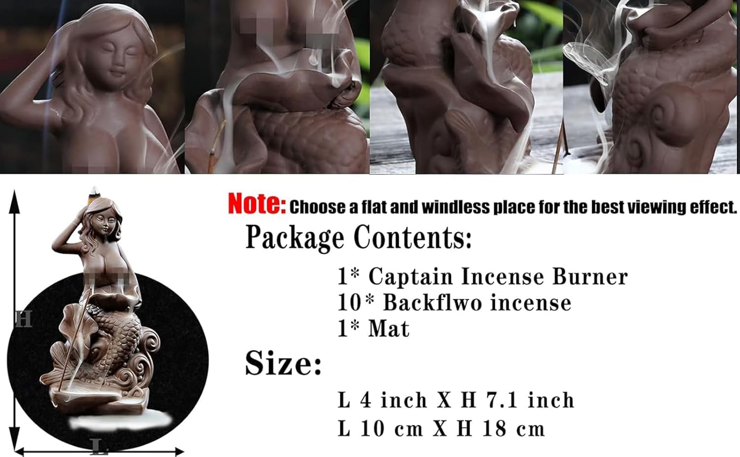 Mermaid Backflow Incense Burner and Incense Cones, Handmade Ceramic Waterfall Incense Holders Home Decor Gift Artwork Statue Ornaments