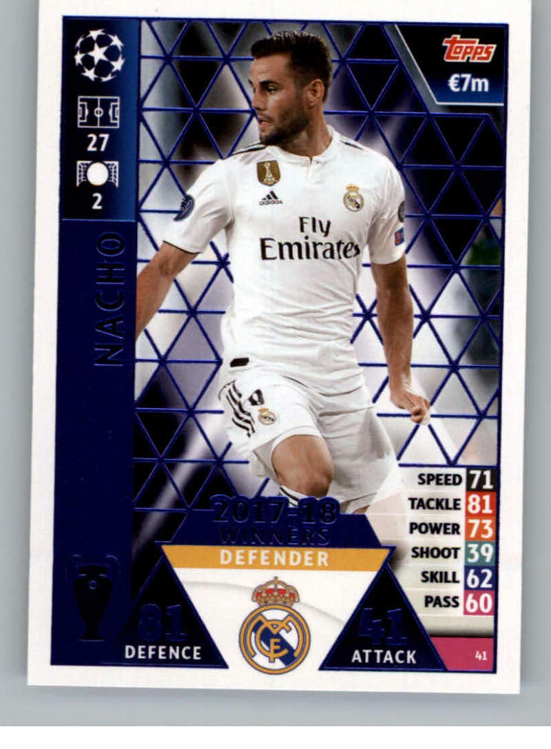 2018-19 Topps UEFA Champions League Match Attax #41 Nacho 17-18 Real Madrid Winners Official Futbol Soccer Card