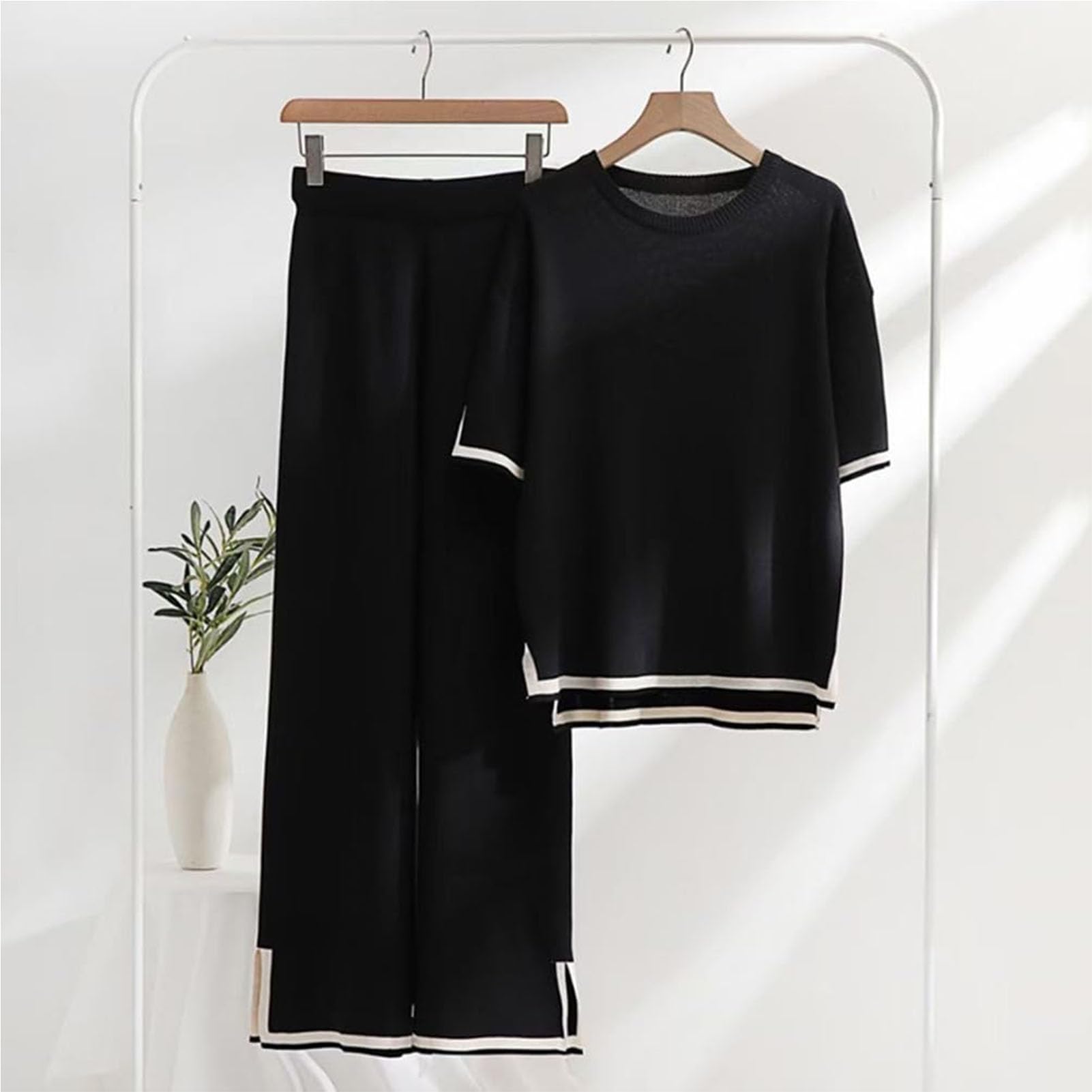 Womens Knit 2 Piece Sweater Sets Lounge Sets Silk Feel Oversized Casual Short Sleeve Knit Pullover Tops Wide Leg Pants Tracksuit Homewear Elegant Trousers Sets,006,M