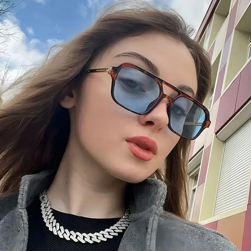 Image of Retro Flat Square 70's Aviator Double Bridge Metal Sunglasses for Men Women | Anti Blue UV Protection Zero Power Stylish Computer Night Driving Glasses | Trendy Branded Goggles
