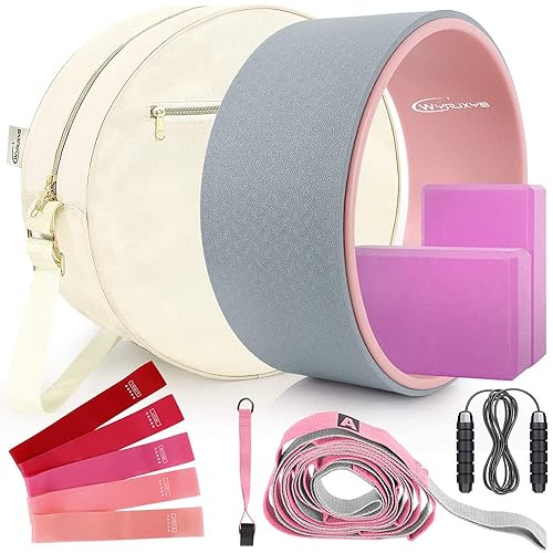 Yoga Wheel Set 11-in-1,Back Roller & 2 Blocks with Strap,Resistance Bands,Jump Rope,Carrying Bag,Perfect Yoga Back Wheel Accessory Starter Kit for Beginner, Stretching, Improving Backbends - Gray