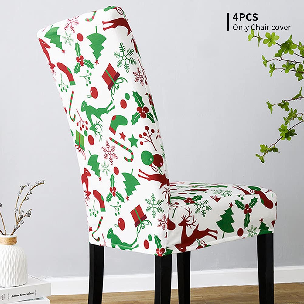 Christmas ?Chair Covers, Set of 4 Stretch Chairs Slipcovers Washable ?Seat Slipcover Christmas Furniture Protector for Dining Room Ceremony Hotel ?(White+Green)